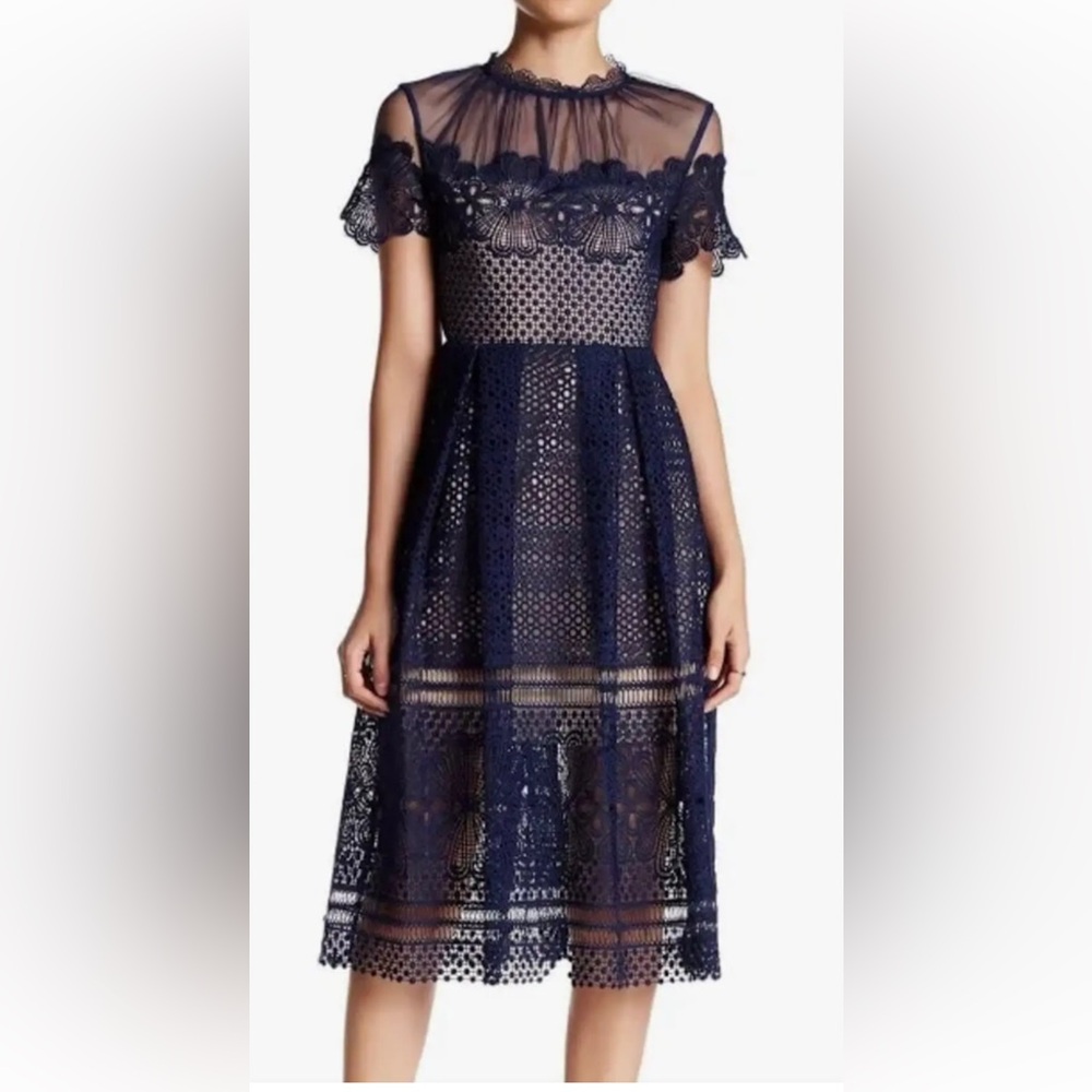 Romeo & Juliet Couture Navy Lace Midi Dress